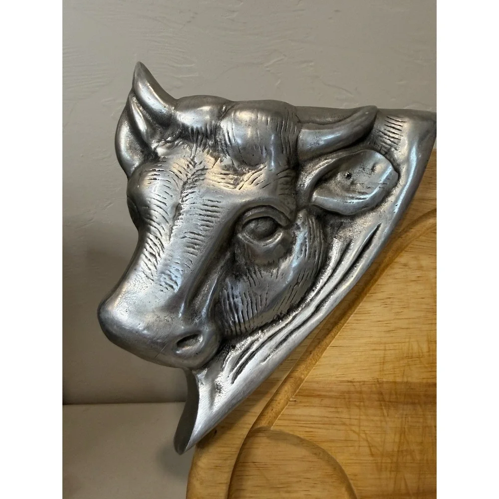 VTG Cow Bull Wood Pewter Cutting Board  Steak Tray Farmhouse Kitchen Decor 19